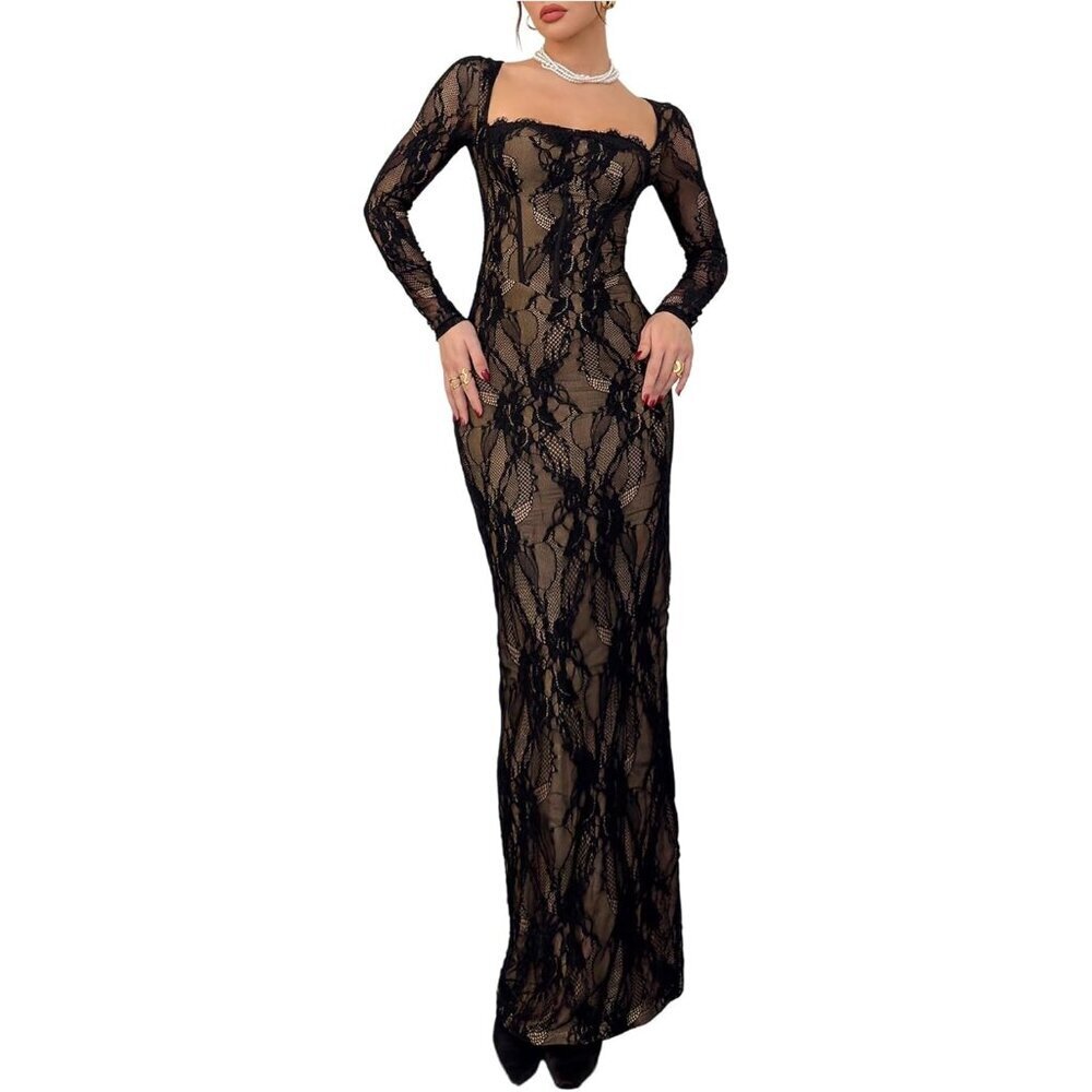 Women's Black Elegant Floral Lace Split Body-con Long Sleeve Wedding Dress